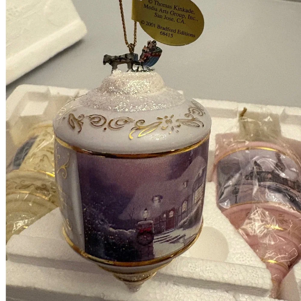 Bradford Editions Thomas Kinkade Christmas Ornaments‎ 3 Winter Village Sleigh